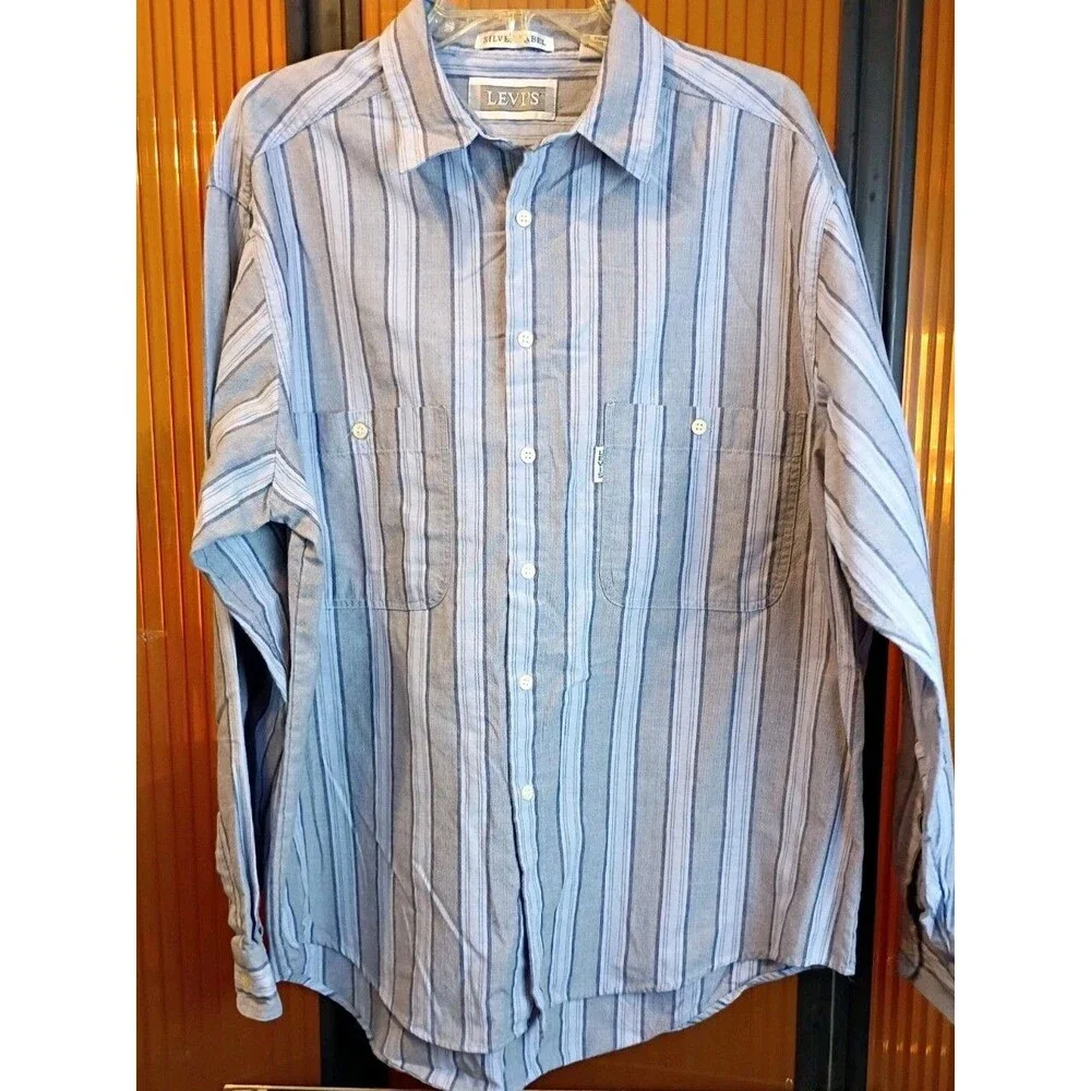 Men Levis Shirt Size XL Silver Label Button Down Blue Gray Striped